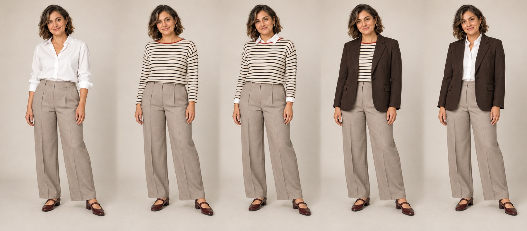 Five photographed frames showing tops alone and layered with the same sand linen trousers.